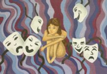 Peer Behind the Mask of My Smile girl surrounded by masks (painting)