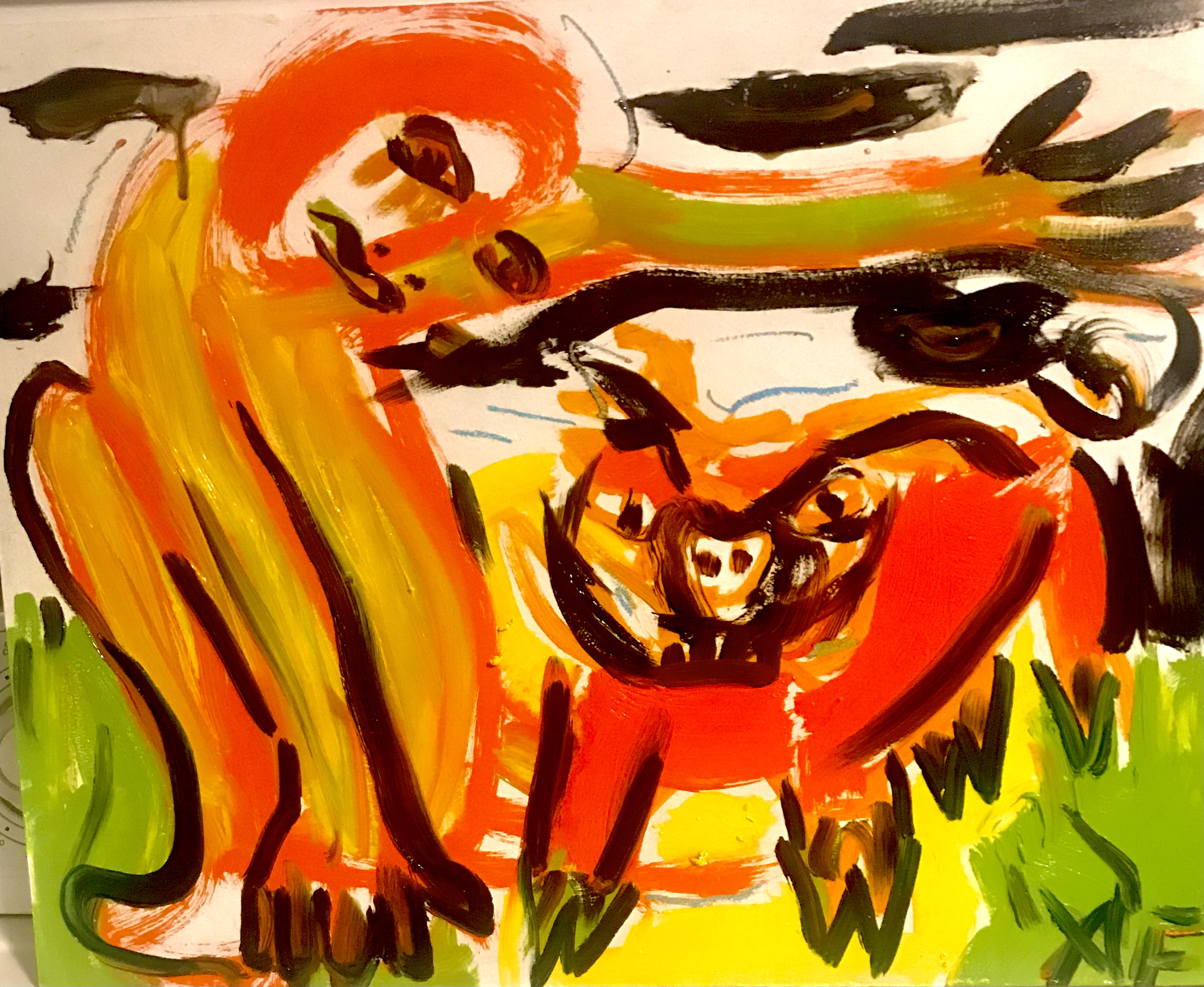 Painting of a child and an animal in reds, yellows and oranges