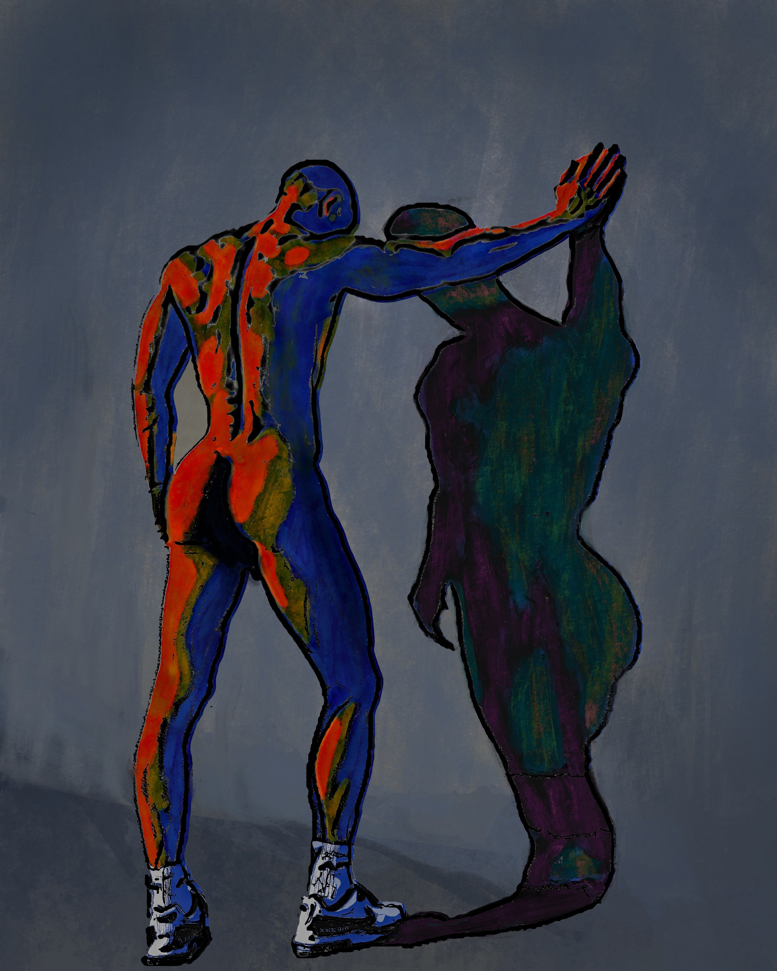 A painting of a man leaning on a wall with his shadow