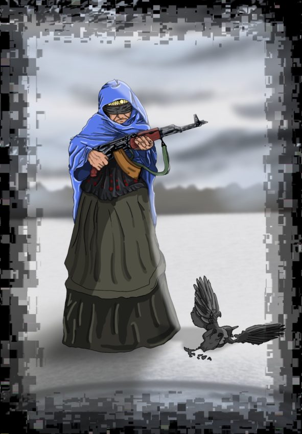 An image of an older woman in shawl with a weapon having just shot down a bird
