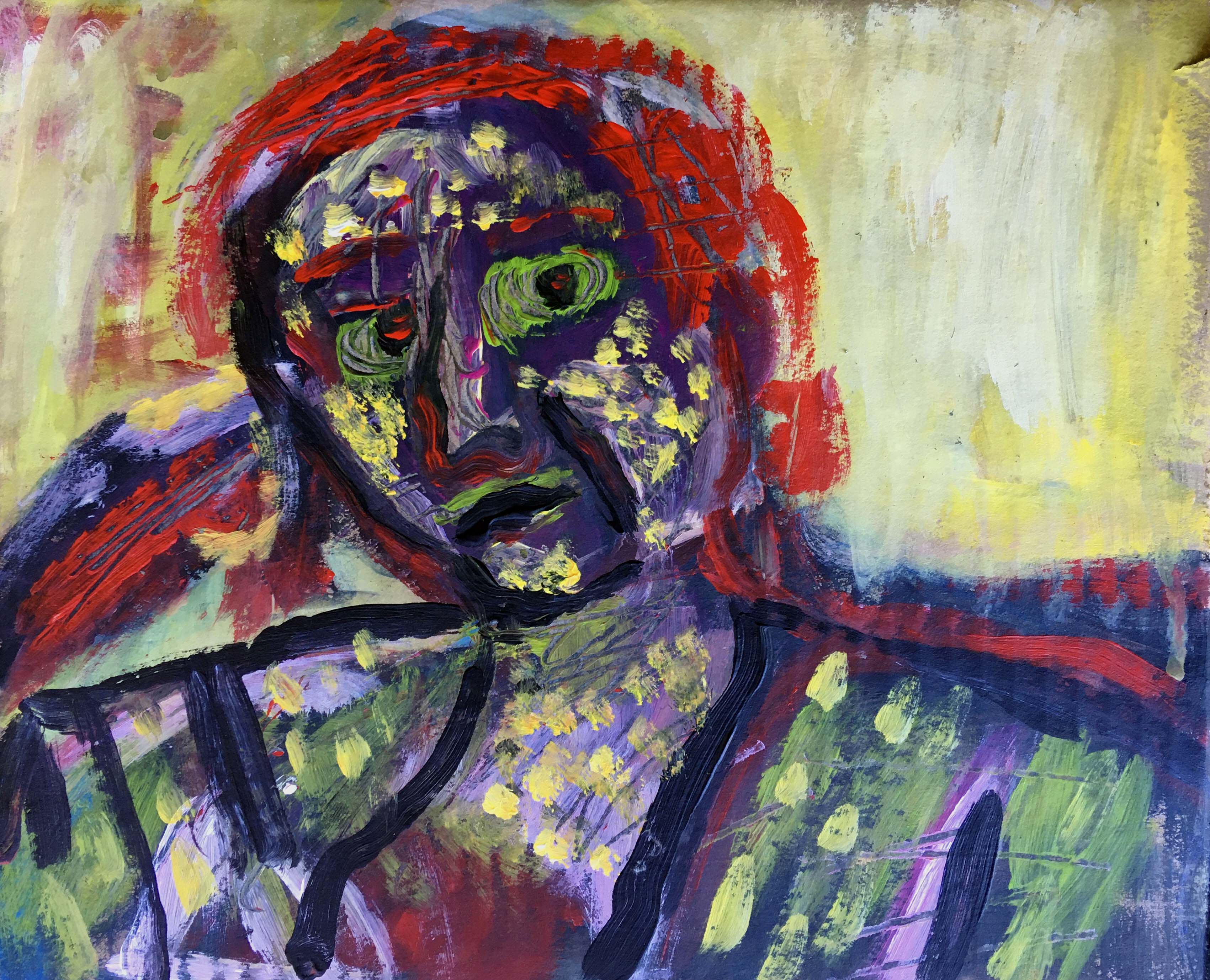 abstract and colorful portrait of a woman in reds and purples and blues