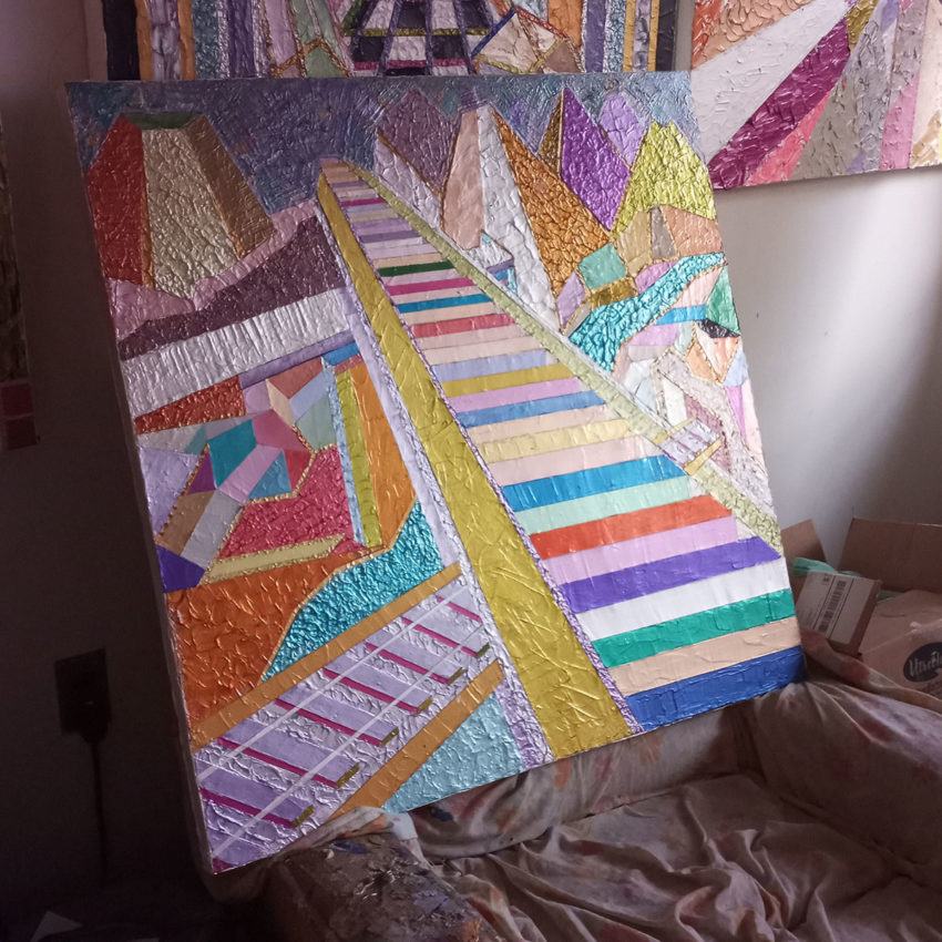 colorful geometric drawing of railroad and staircase