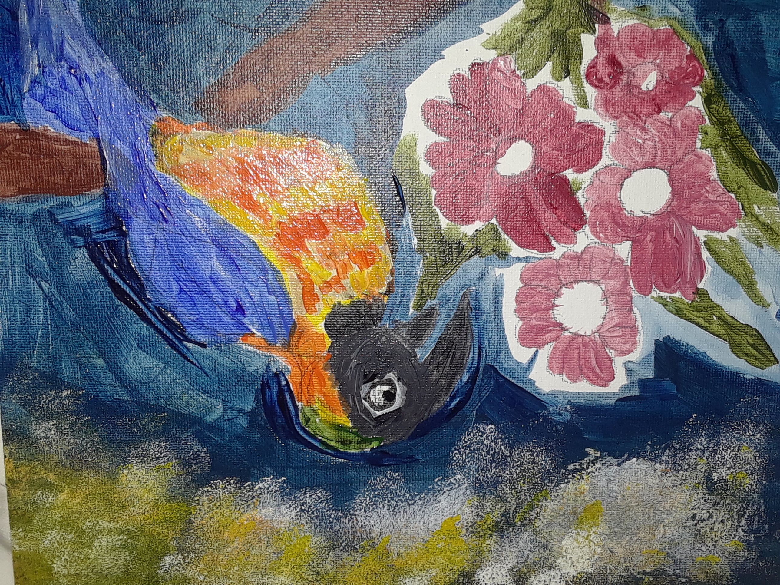 painting of a parrot and flowers