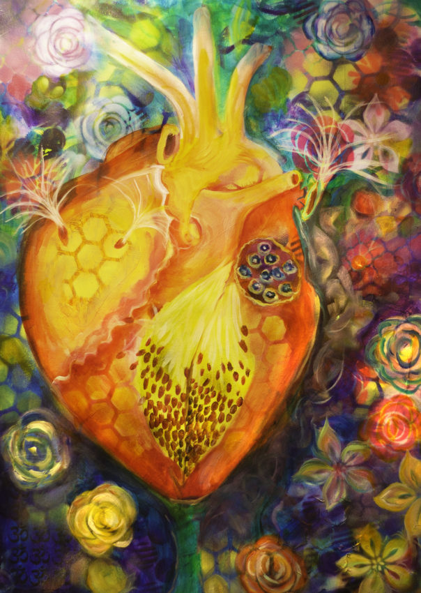 a colorful background of flowers with a anatomical heart