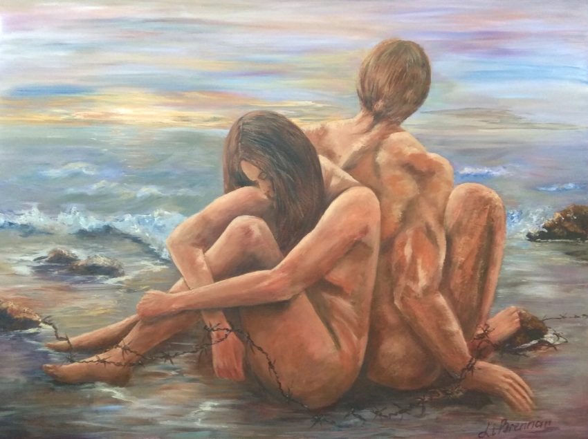 A man and a woman bound together on the beach