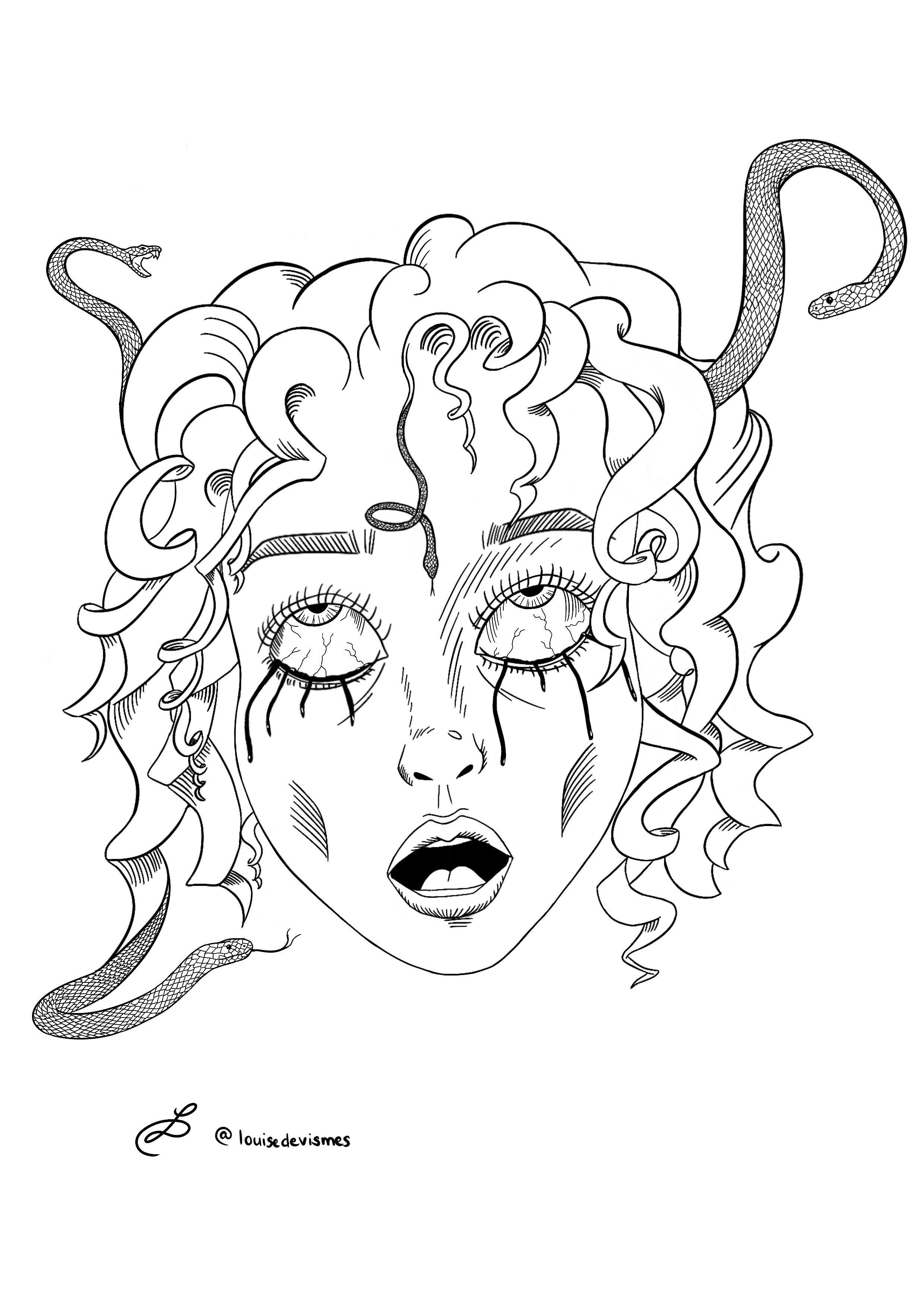 A illustration of Medusa with blood shot and bleeding eyes.
