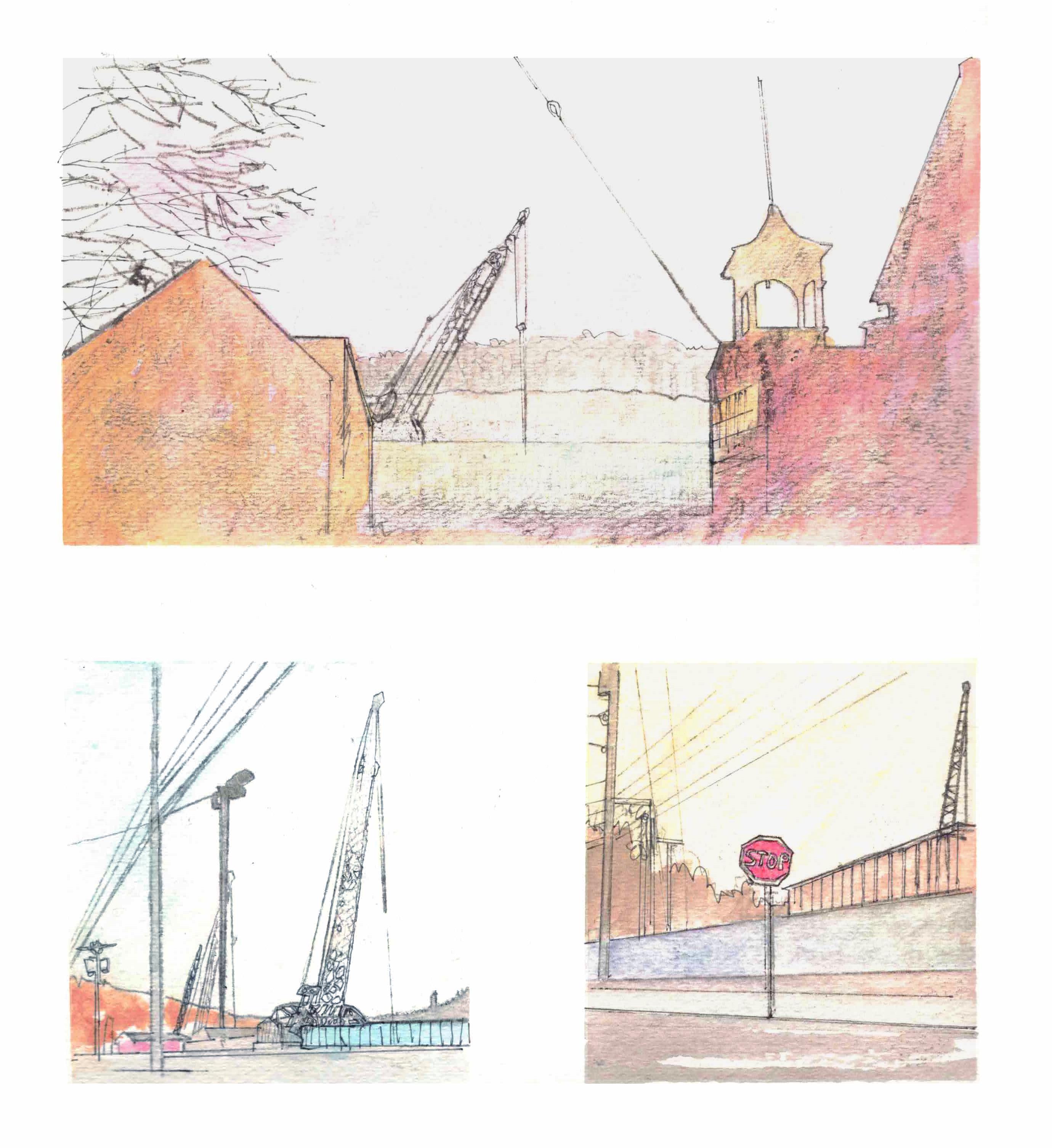 Three panels: a crane and houses, a crane on a building site and a stop sign
