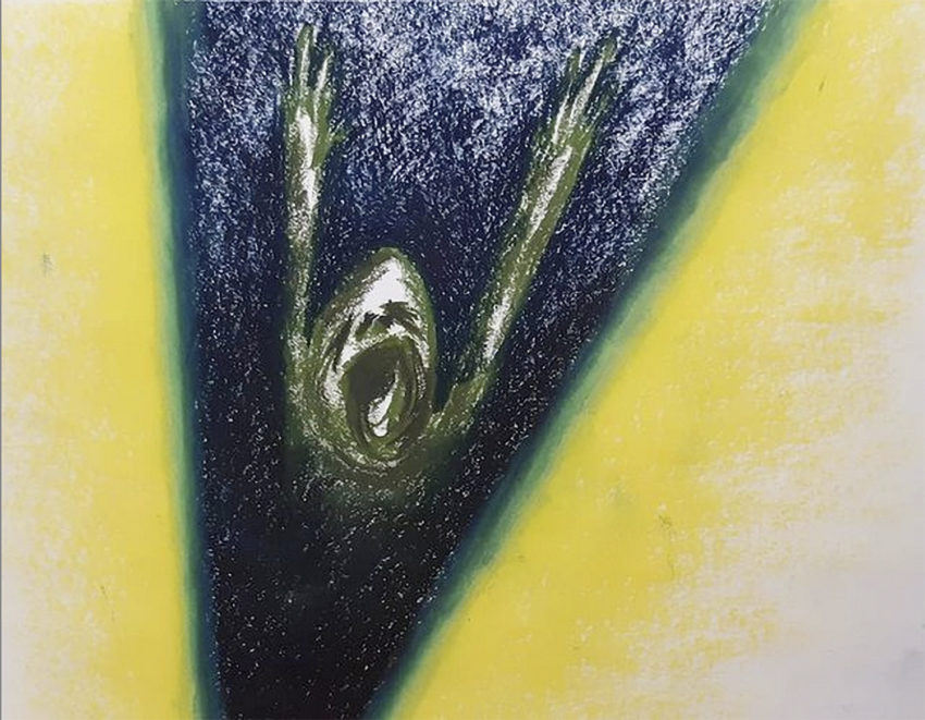a painting of a screaming figure in a blue stream of light