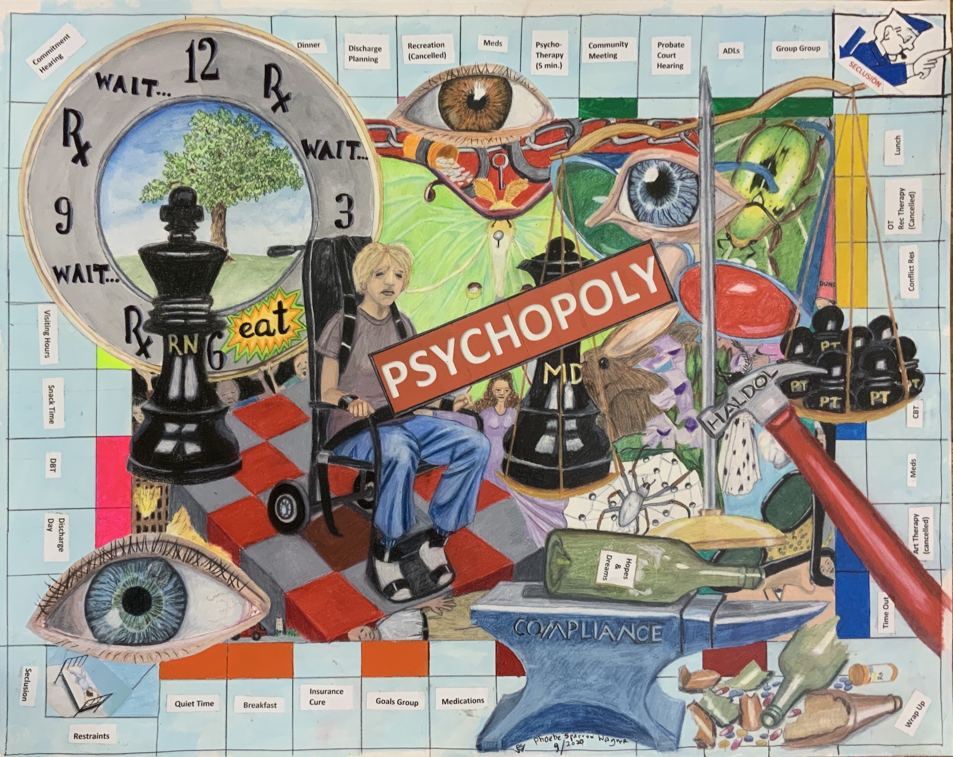 A collage of painted images on a monopoly board.