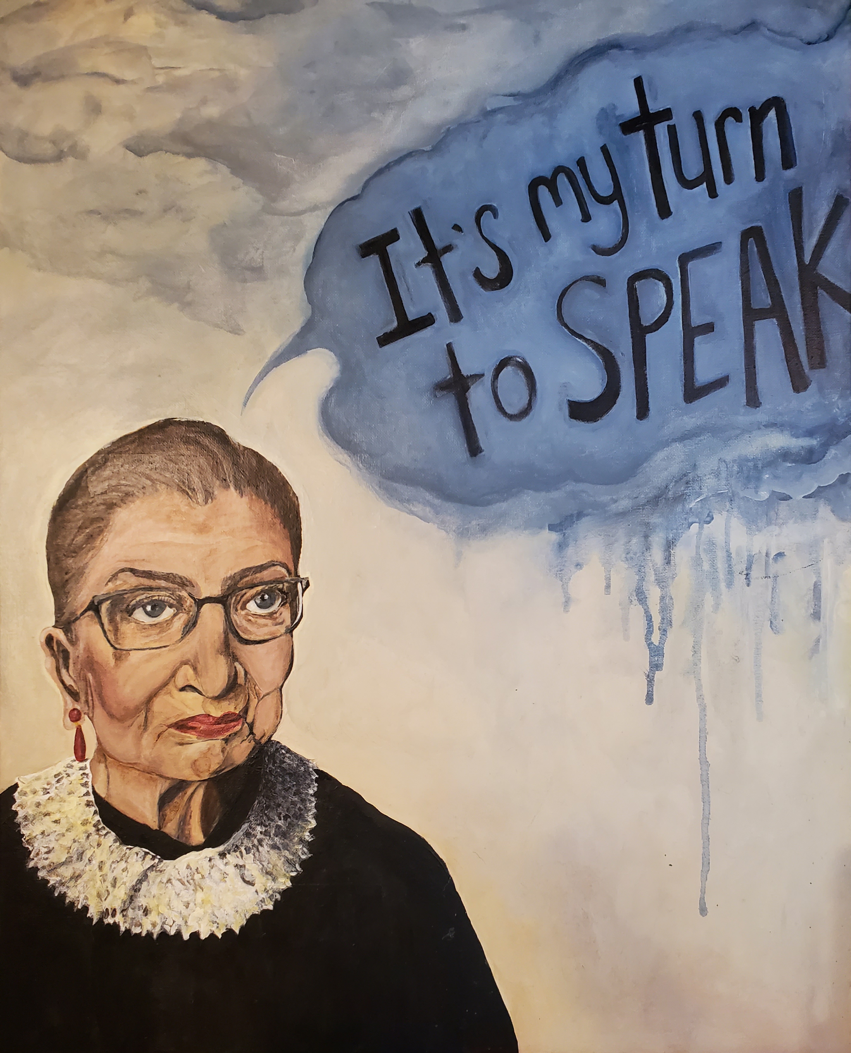 A portrait of Ruth Bader Ginsberg with the words "It's y turn to speak"