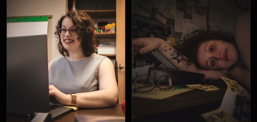Two photos next to each other, one with a counselor on a zoom call with a client and the other of her in bed