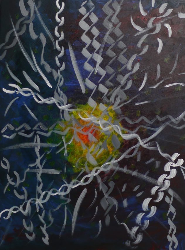 abstract drawing, black background with chain links in white and a collection of colors in the center