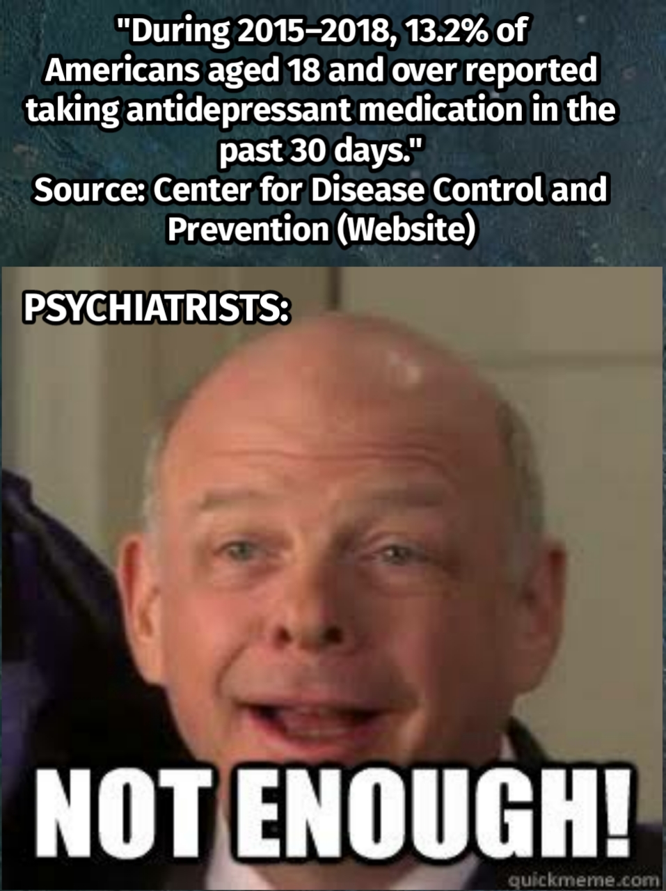 During 2015-2018, 13.2% of Americans aged 18 and over reported taking antidepressant medication in the past 30 days. Source: Center for Disease Control and Prevention (Website)...Psychiatrists: Not enough!