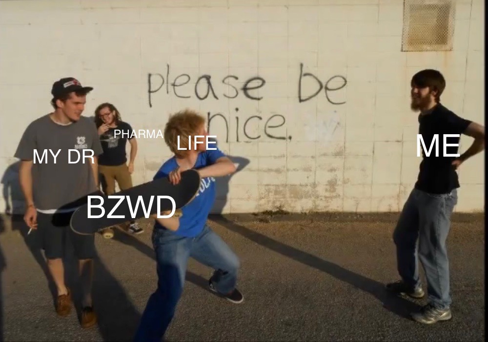An image of 4 people, one swinging a skateboard labeled BZWD (Benzo withdrawal) and the person holding it labeled "life". A guy on the right labeled me is in front of a wall labeled "please be nice to me."