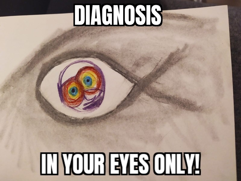 A drawing of a character in an eye with the words "Diagnosis in your eyes only"