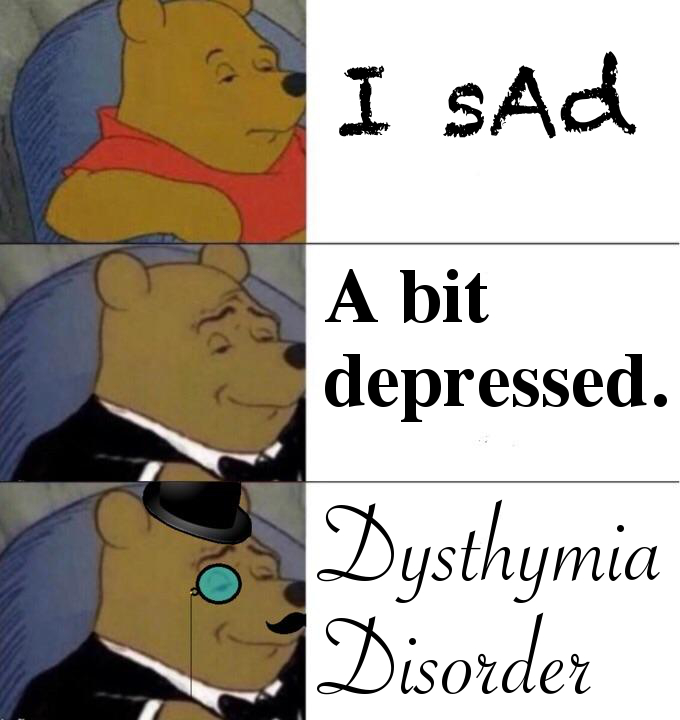Three pictures of the character Pooh progressively more dressed up. "I sad" "A bit depressed" "Dysthymia Disorder"