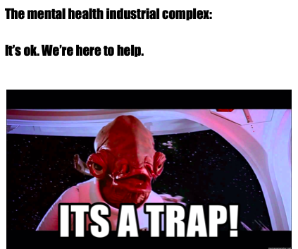An image still from a space TV Show with big letters saying "It's a Trap"