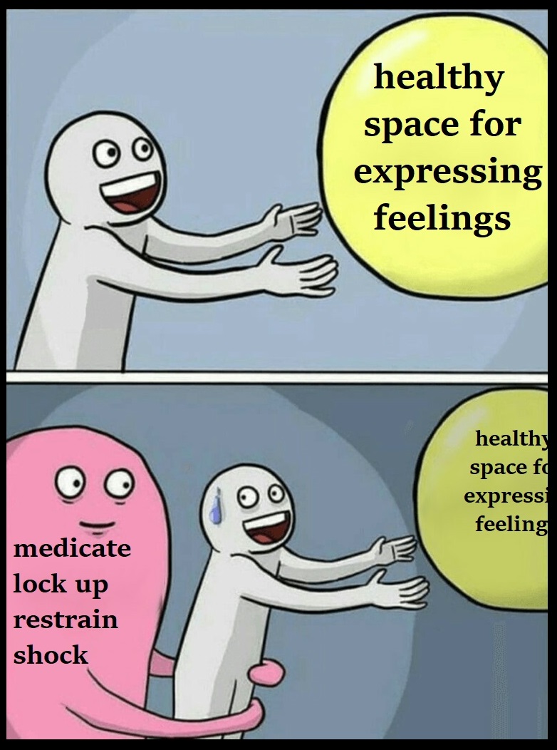 A cartoon of a character reaching for a balloon labeled "Healthy space for expressing feelings" and the other with another character holding them back labeled "Medicate, lock up, restrain, shock."
