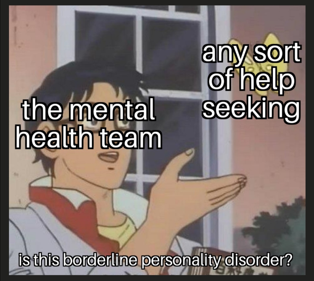 A frame from an Anime movie, a character, labeled "the mental health team" holding up their hand towards a butterfly flying away labeled "any sort of help seeking". below the frame are the words "is this borderline personality disorder?"