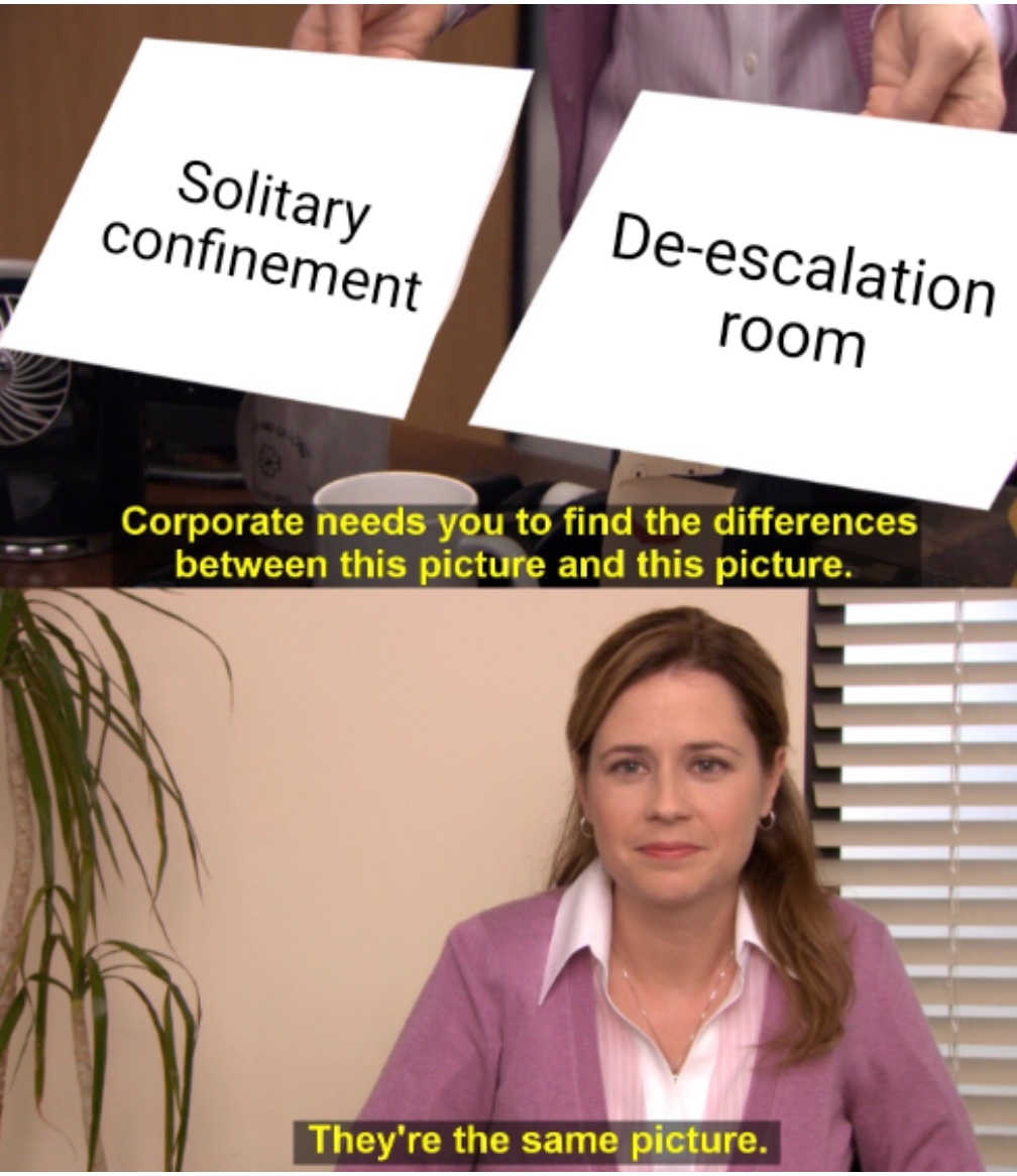 A still from the TV Show the Office with the character Pam looking at two sheets of paper, one labeled "Solitary Confinement" the other labeled "De-escalation room". In yellow letters below it says "Corporate needs you to find the differences between this picture and this picture". Pam says "They're the same picture"