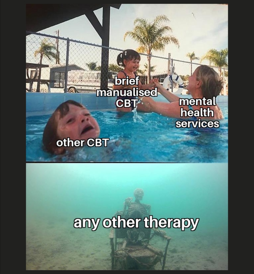 A picture of two kids swimming, one labeled "Other CBT" who seems to be struggling, another labeled "brief manualised CBT" being held up by a parent labeled "Mental health services". Then below a picture of a skeleton at the bottom of the sea "any other therapy"