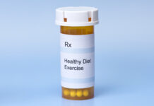 Art, Music, Exercise, and More: What Are the Recommended Doses for Improving Mental Health? A prescription bottle. The label reads "Healthy diet" and "Exercise."