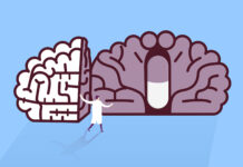 Addressing the Social Determinants of Mental Health—or Perhaps Not Illustration of a tiny doctor opening up a cartoon brain to reveal a pill inside