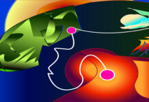 Consternation of the Bees An abstract piece of art; orange, green, and blue shapes with a white line connecting pink dots throughout