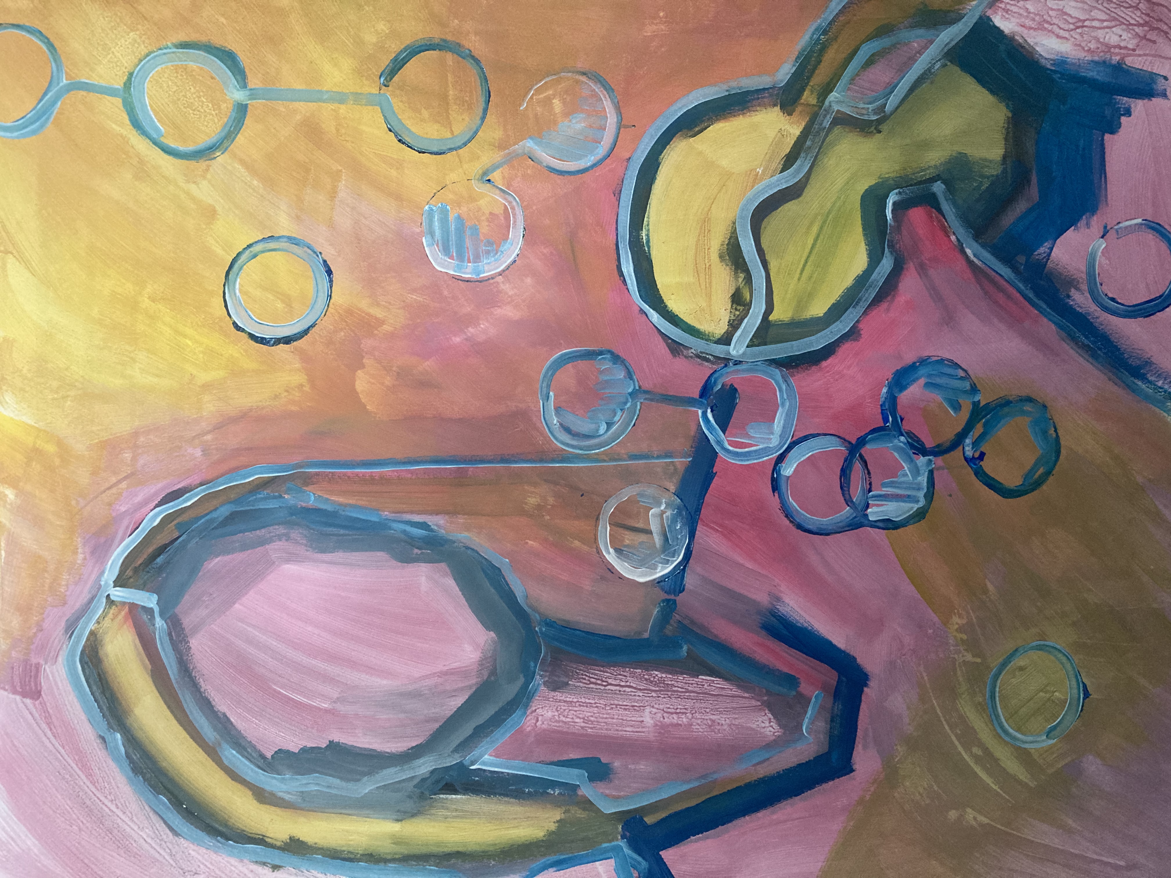 Abstract, yellow and pink background with aqua colored circles and forms