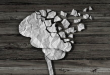 The Shady World of Shock Treatment Illustration of a brain made of paper disintigrating