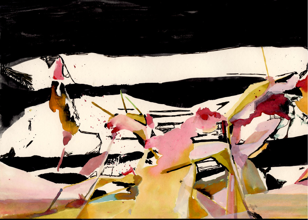 Abstract painting, black and white background, streaks of pink, gold, and red.