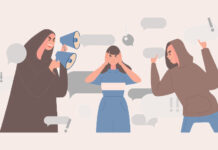 The New York Times Comments Section: A Literary Rorschach Test for the Masses A vector illustration: A female-presenting figure in the middle holds her ears; a figure to her left shouting into a megaphone; a figure to her right throwing speech bubbles at her