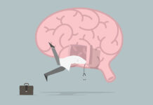 Response to Criticism of Our Serotonin Paper An illustration of a doctor falling headfirst into a door in a giant brain, his feet kicking outside