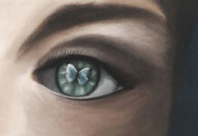 The Transformative Potential of Psychosis A painterly illustration of a woman's eye with a butterfly in the pupil