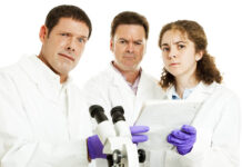 The Spravato Controversy: A Row Over the Drug’s Efficacy Compels a Reassessment of its Approval Perplexed, confused scientists looking at lab results. White background.