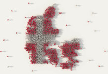 Denmark Is the Only European Country Where the Usage of Depression Pills Has Dropped An illustration of dots that represent people forming the shape of the country Denmark, in the colors of its flag.