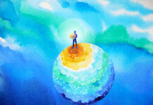 Growing Good Mental Health with Choice Theory A colorful illustration in blues and greens depicting a figure standing atop a globe, holding an orange ball in their hands.