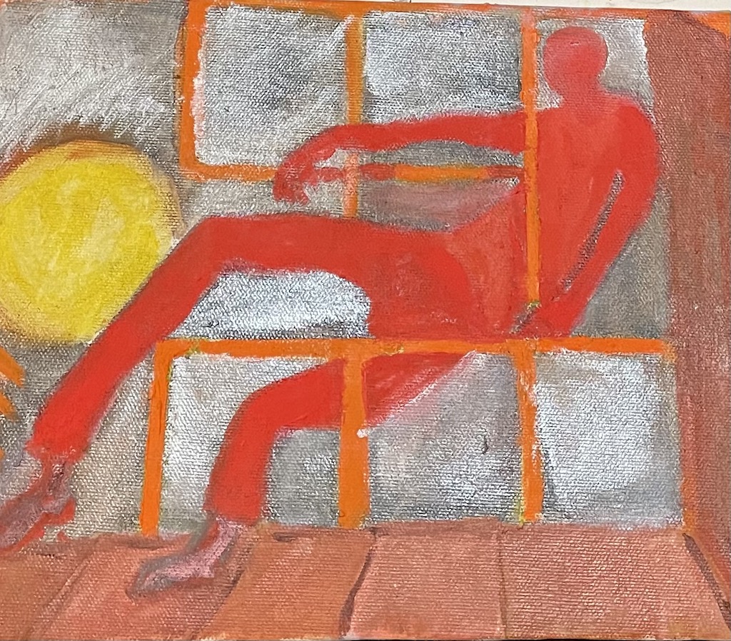 person in red, abstract, yellow circle and orange bars