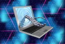 New App Aims to Predict Whether People with Psychosis Are Worth Hiring 3D illustration of a skeletal robot hand emerging from a laptop computer screen, against a background of purple and blue 80s style lasers.