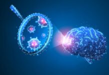 Tardive Dyskinesia, Chronic Lyme Disease, and Infection Illustration of a brain on a blue background. A magnifying glass shows viruses inside it.