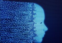 Data on Your Mind: Good Public Health or Mental Health Surveillance? Illustration of a blue face; the back of it is dissolving into computer code