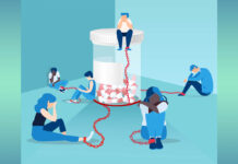 Researchers Identify Factors to Predict Risk of Antidepressant Withdrawal Vector-style illustration depicting men and women chained to a giant pill bottle