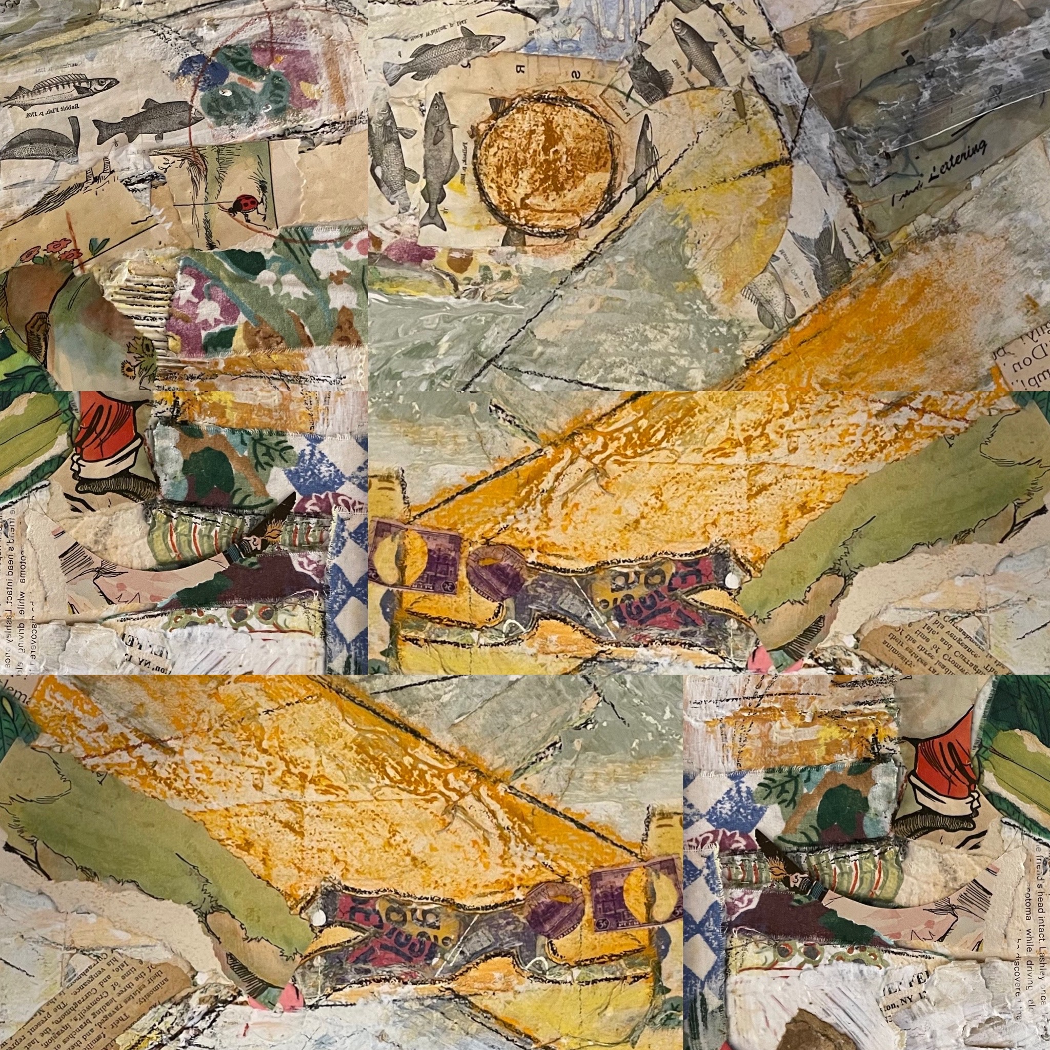 Collage in neutral grays and greens and browns with fish and people