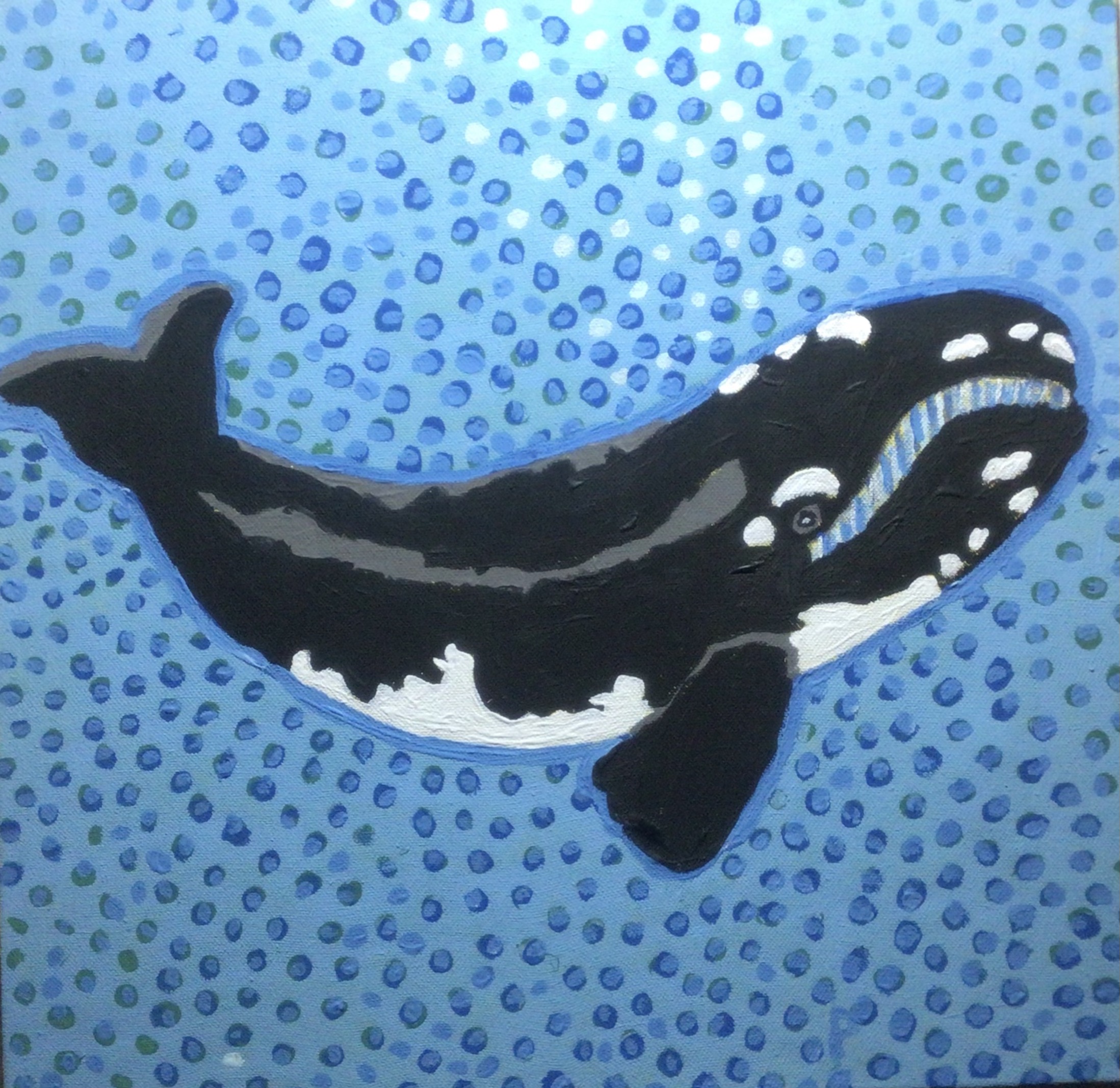 A painting of a black and white whale in blue water