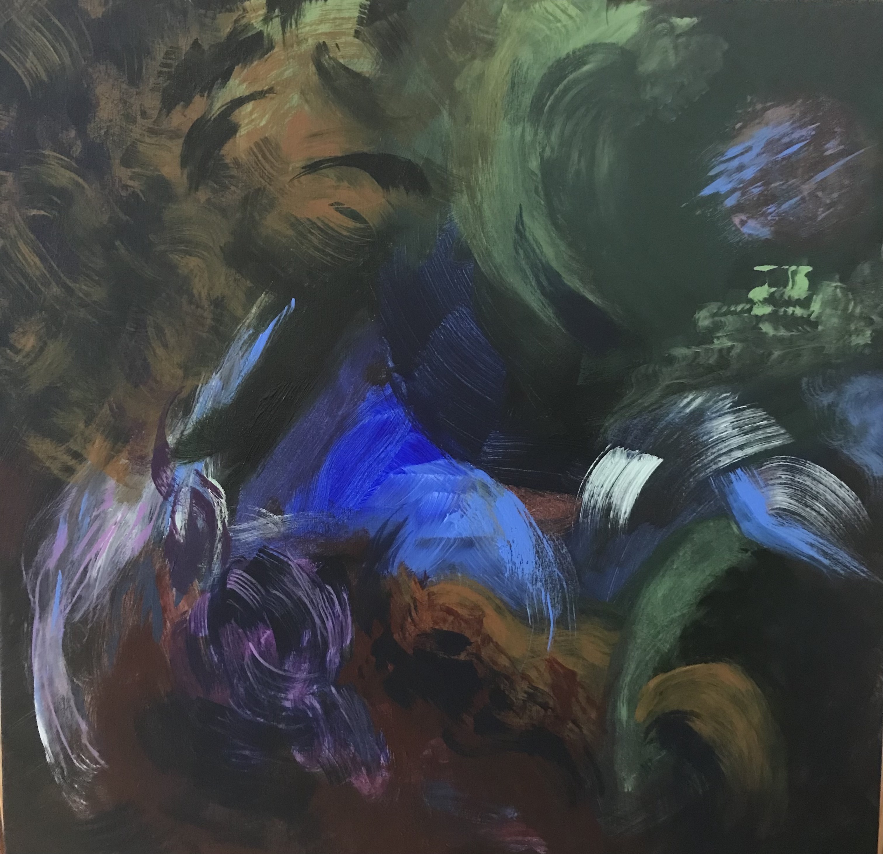 Swirling blue, green, purple and orange strokes of acrylic paint