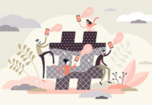 Why Isn’t There a Popular Hashtag for Involuntary Commitment? Vector illustration depicting a hashtag symbol on the landscape, with people climbing upon it with cell phones out