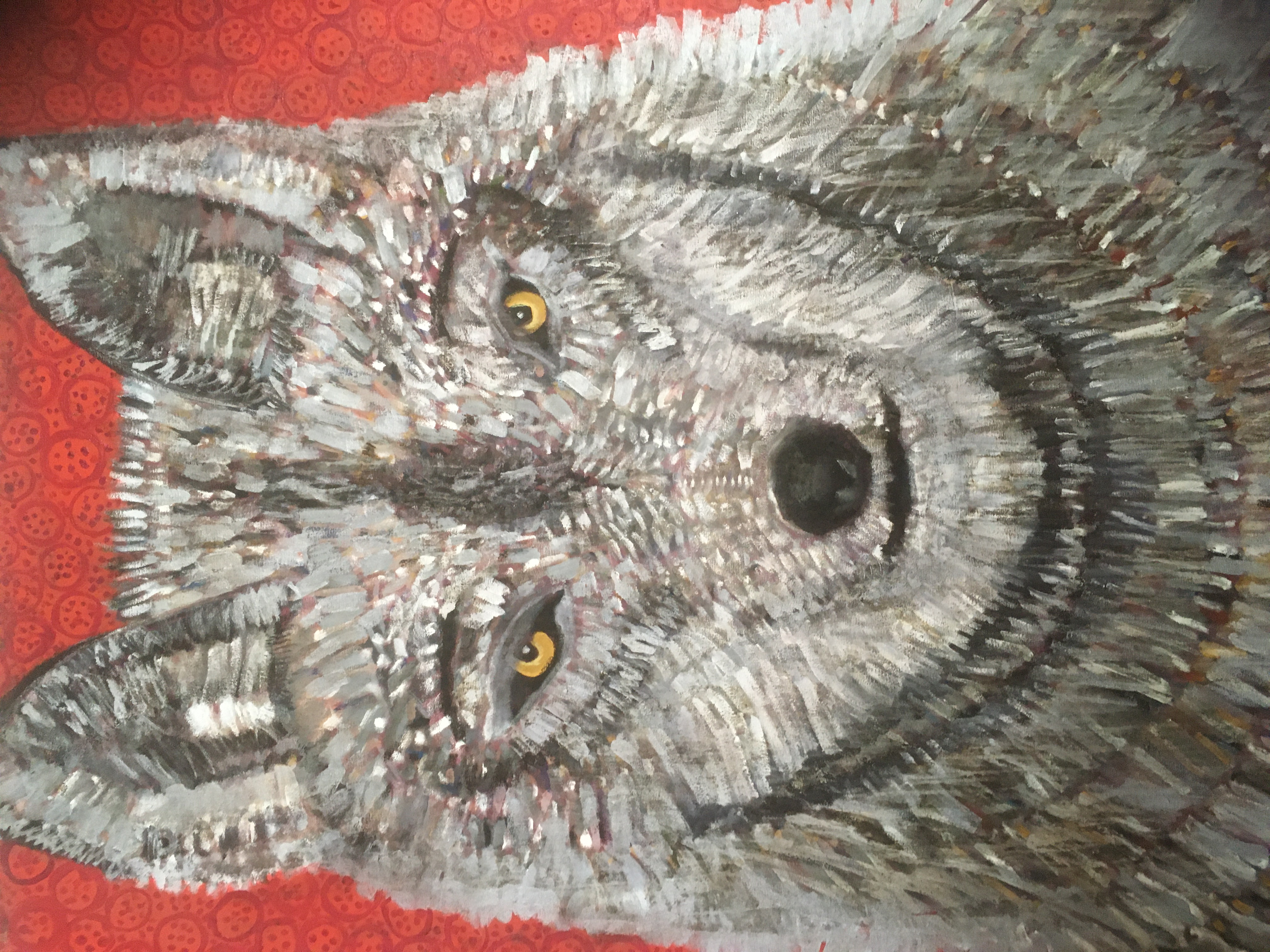A painting of white and grey wolf on a red background