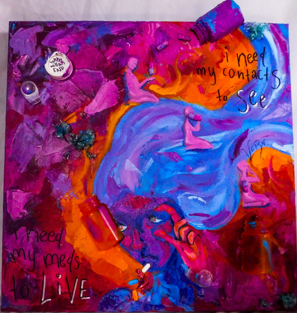 A bright painting of a person with blue hair holding her eye open and putting pills in her mouth.