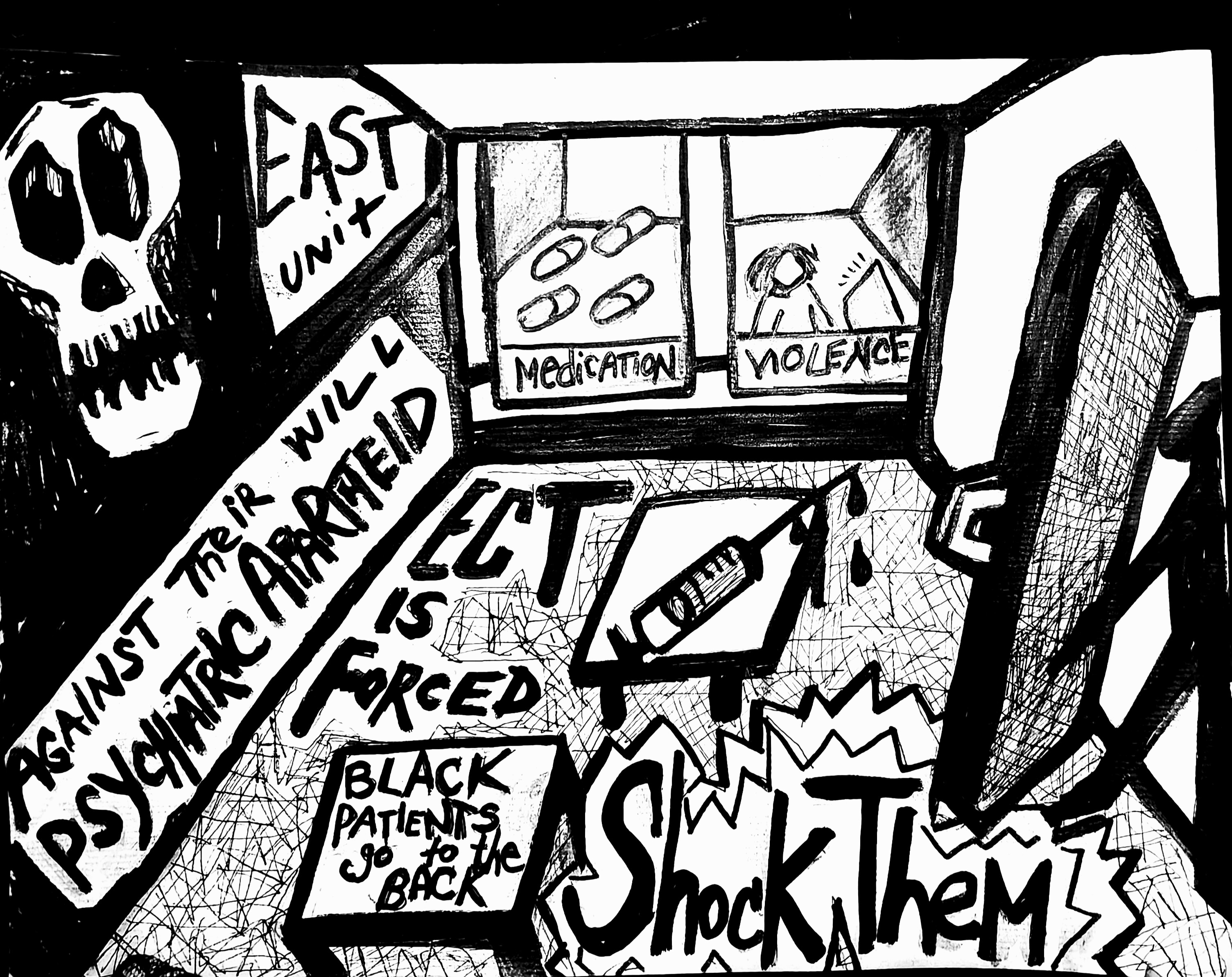 Black and white cartoon with different depictions of violence in psychiatric wards