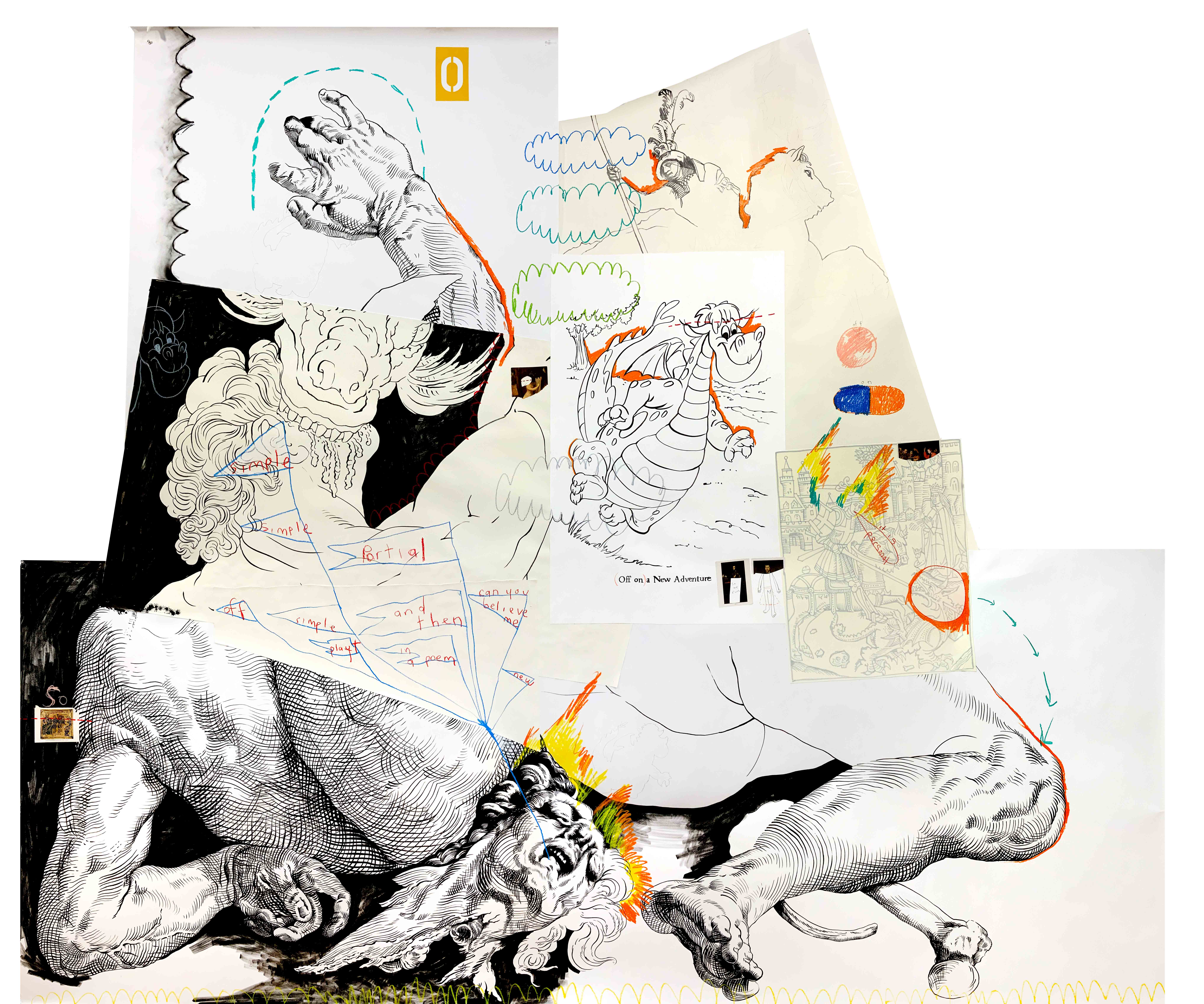 Collage of various papers, making the figure of a man and a dragon